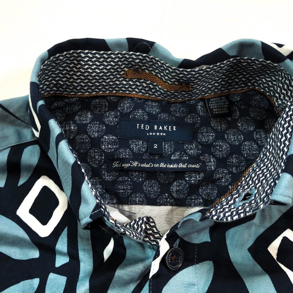 Ted Baker S Blue Geometric Short Sleeve Shirt - Picture 3 of 4